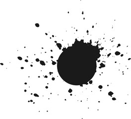 Round spot with splashes, an explosion of paint, drops, splashes coming from circle. Design element. PNG.
