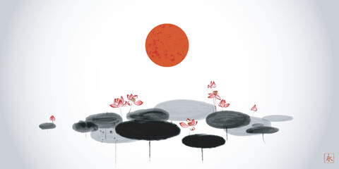 Big red sun over the calm lotus pond. Traditional oriental ink painting sumi-e, u-sin, go-hua. Translation of hieroglyph - eternity