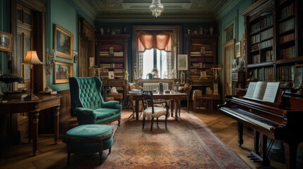Fototapeta na wymiar Generative ai illustration of vintage and fully antiques furnished living room
