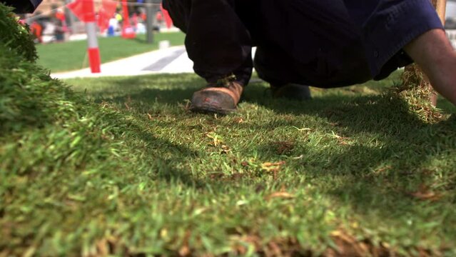 Slow-motion view of a person placing a piece of square grass on the ground