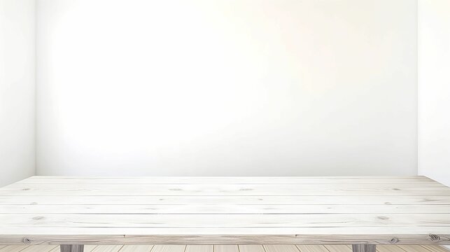 AI generated illustration of a simple white-walled room with an oak-paneled floor and a wooden desk