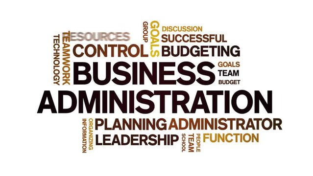 Business Administration animated tag word cloud;text design animation kinetic typography seamless loop.