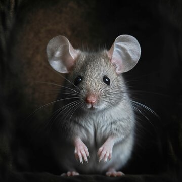 Cute gray mouse standing on its hind legs, its paws raised in the air. AI-generated.