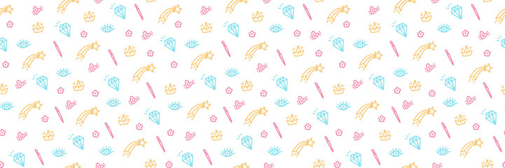 Seamless pattern with multicolored doodle elements on a white background in doodle style.