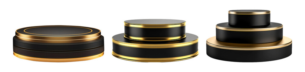 set of black and gold podium elements, isolated on transparent background, generative ai