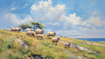 Scenic rural landscape with grazing sheep on a dike. Impressionistic oil painting on canvas, made with generative AI. Beautiful artistic image for poster, wallpaper, art print.