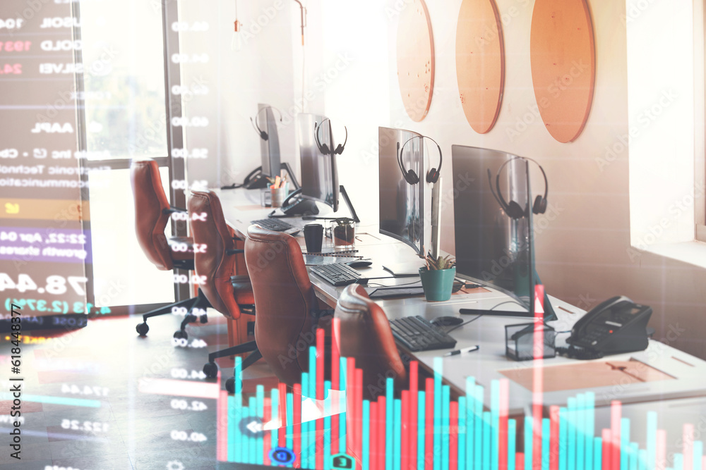 Poster overlay, call center and empty workplace desk for service, consulting and online support. stats, dig