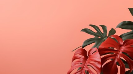 Fototapeta na wymiar Philodendron's Touch, Minimal Summer Concept with Tropical Leaves on Vibrant Coral Color Background, generative ai.