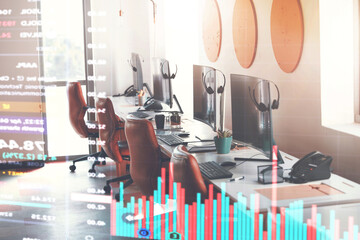 Overlay, call center and empty workplace desk for service, consulting and online support. Stats, digital cgi and a customer care office with computer and equipment for telemarketing and sales