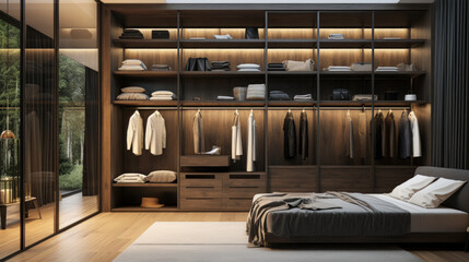 Obraz na płótnie Canvas A contemporary, upscale, built-in wooden walk-in closet with shelves, drawers, concealed lighting, and arranged clothing and storage boxes on a bedroom's carpeted floor, interior design 3D background