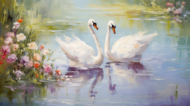 White swans swimming in peaceful pond or lake. Impressionistic oil painting made with generative AI. Beautiful artistic image for poster, wallpaper, art print etc.