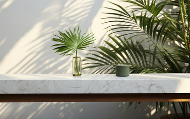Background for luxury organic cosmetic, skin care, and beauty treatment product display in modern basic white marble stone counter table top with bamboo palm tree in sunlight and leaf shadow on wall 