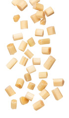 Sugar cane cut chop flying explosion, yellow chop sugarcane abstract cloud fly. Sugar sugarcane cut cubes splash stop in air, food object design. white background isolated high speed freeze motion