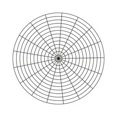 Wheel of life template. Polar grid of 12 concentric circles and 17 segments. Simple coaching tool for visualizing all areas of life. Blank polar graph paper. Circle diagram of life style balance.