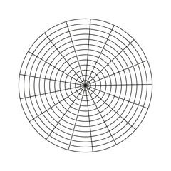 Wheel of life template. Polar grid of 12 concentric circles and 17 segments. Simple coaching tool for visualizing all areas of life. Blank polar graph paper. Circle diagram of life style balance.