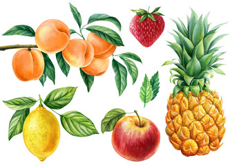 Fruits set, lemon, apple, strawberry, pineapple and peach on white background. Watercolor hand drawn illustration