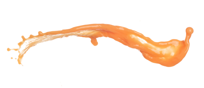 Orange Juice pouring down in Shape form line. Orange juicy fluttering explosion in air, liquid water splash spill like explosion droplet. White background isolated, stop motion freeze shot.