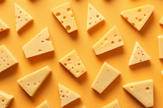 Top vie wof Blocks of cheese on yellow background