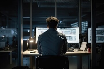 AI generated male working with computer monitors on a desk