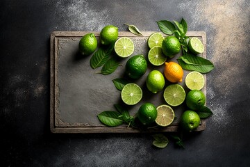 AI generated illustration of a wooden cutting board with several sliced limes