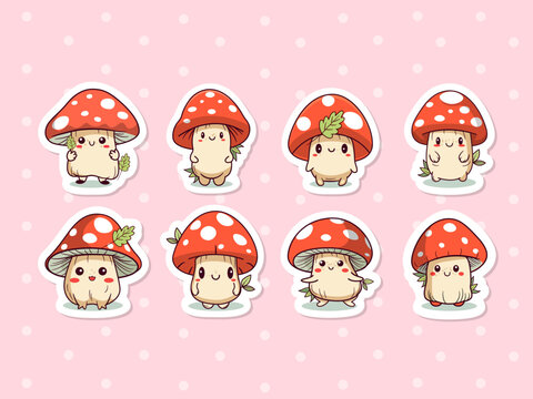 Cute cartoon mushroom sticker pack for kids. Vector.