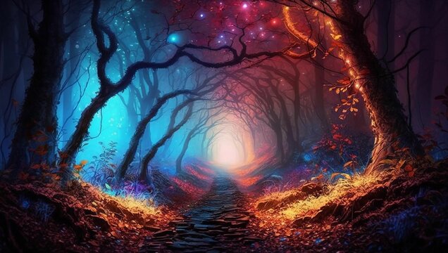 AI generated illustration of a tranquil nighttime scene of a winding path in a forest