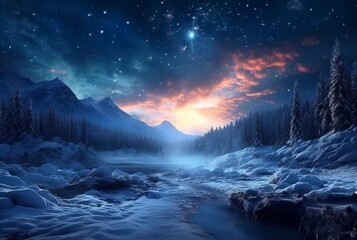 landscape the beauty of the night sky and snow. generative ai