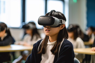 Asian girl wearing a VR headset in a classroom. Captured with a professional mirrorless camera, it highlights her engaging virtual reality experience in an educational setting. Generative AI.