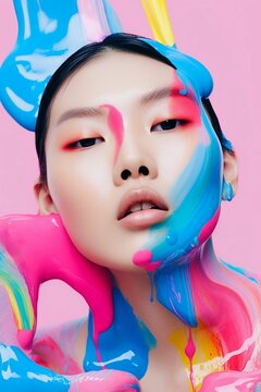 Ai-generated illustration of an asian model with colorful paint on her face