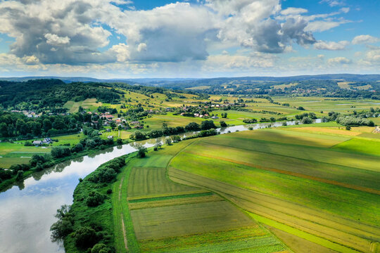 Drone view of a beautiful Polish landscape. San river valley near Dynow. Podkarpackie voivodeship. Summer nature landscape. Poland