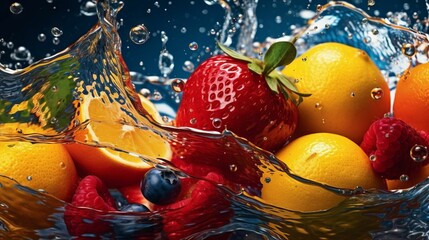 Fototapeta na wymiar AI generated illustration of fresh and vibrant assorted fruits in water on a dark background