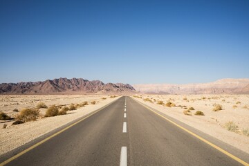 Single-lane desert highway stretching out into a clear blue sky