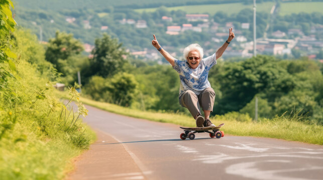 A 70-year-old woman wearing a helmet and kneepads is riding a sk