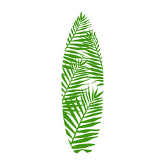Logo club de surf. Silueta de hojas de palmera con forma de tabla de surf