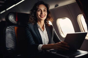 AI generated illustration of a female professional using her laptop in a plane window seat
