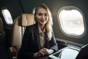 Fototapeta na wymiar AI generated illustration of a female professional using her laptop in a plane window seat