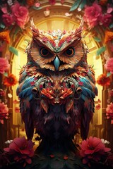 Fototapeta premium AI generated illustration of A majestic Owl perched amongst a backdrop of beautiful flowers