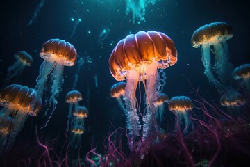 Fototapeta na wymiar A vibrant and otherworldly scene unfolds as a swarm of bioluminescent jellyfish illuminates the dark depths of the sea