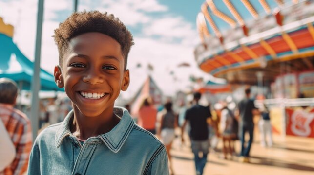 Young boy stands in an amusement park with a bright smile on his face. AI-generated.
