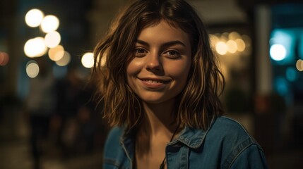 Smiling girl with shoulder-length brown hair standing in a dimly lit street. AI-generated.