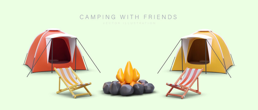 Camping with friends. Two tourist tents with open doors, folding chairs by campfire. Pleasant rest in cheerful company. Color vector banner, place for text