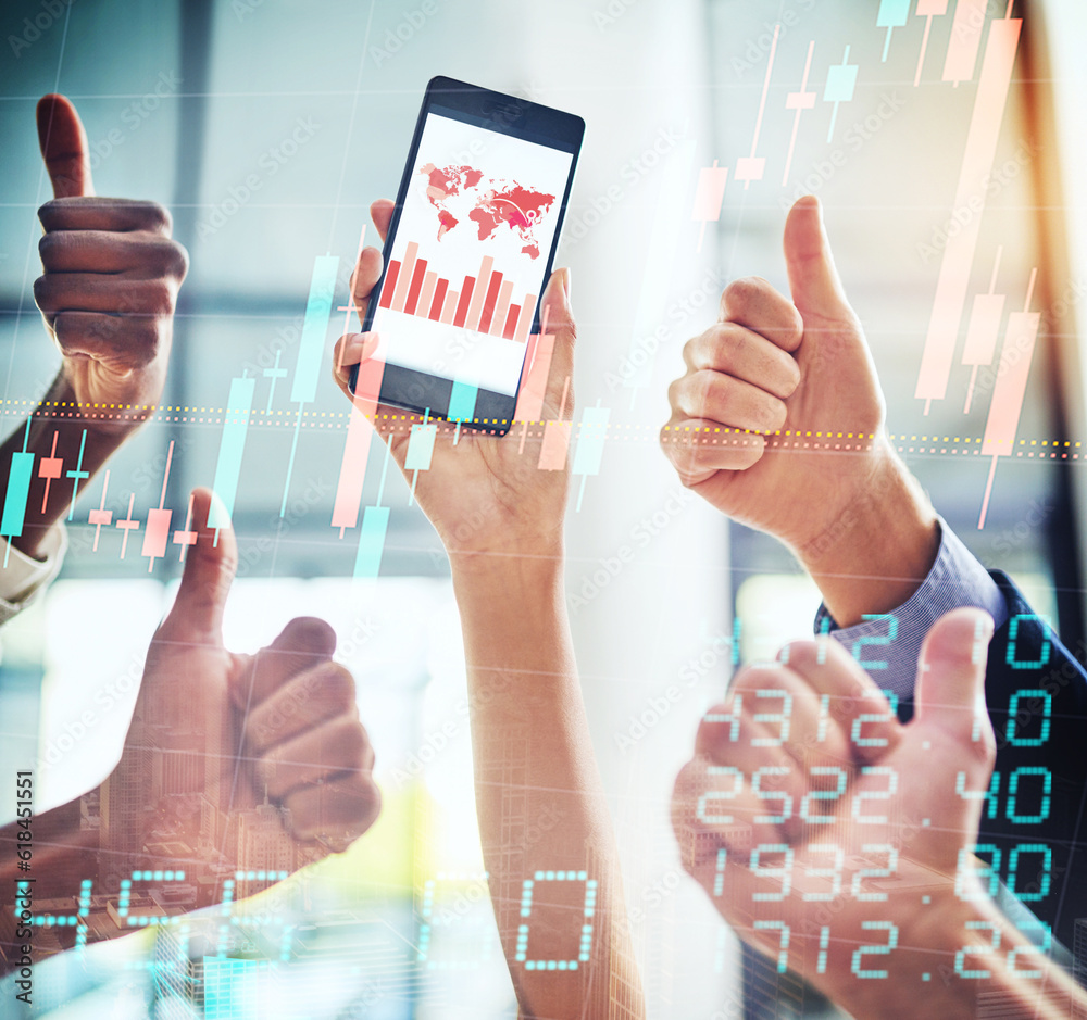 Poster phone screen, overlay and people data, graphs or charts and thumbs up for success, social media like