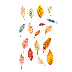 many small leaves of various colors minimalist style decorative leaves on a transparent background