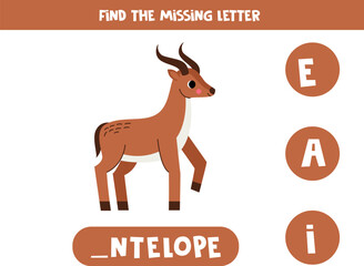 Find missing letter with cartoon antelope. Spelling worksheet.
