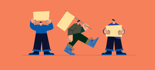 Group of diverse people holding blank banners and flags, copy space. Set of cartoon flat characters with posters. Protest, advertisement, promotion concept, vector illustration