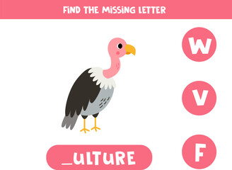Find missing letter with cartoon vulture. Spelling worksheet.