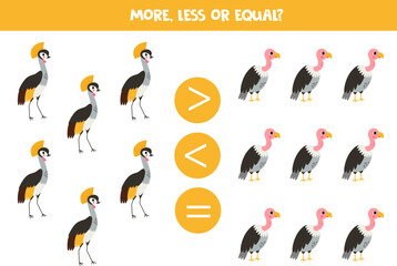 More, less or equal with cartoon crowned crane and vulture.