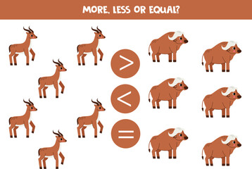 More, less or equal with cartoon buffalos and antelopes.