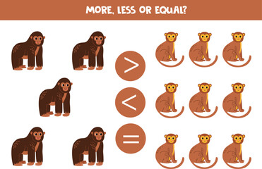 Fototapeta premium More, less or equal with cartoon gorillas and monkeys.