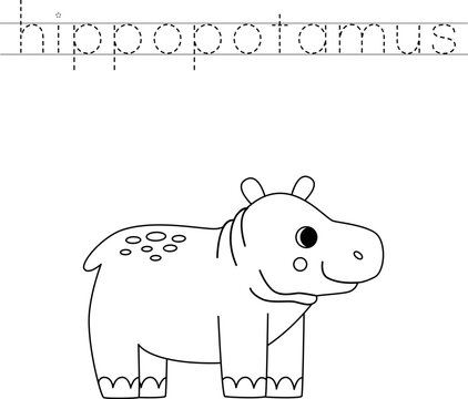 Trace the letters and color cartoon hippopotamus. Handwriting practice for kids.